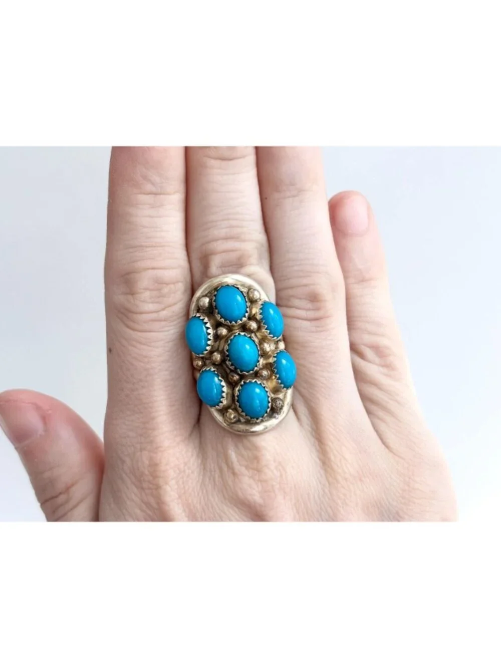 Navajo Sleeping Beauty Turquoise Cluster Sterling Silver 925 Vintage Ring - sz 8